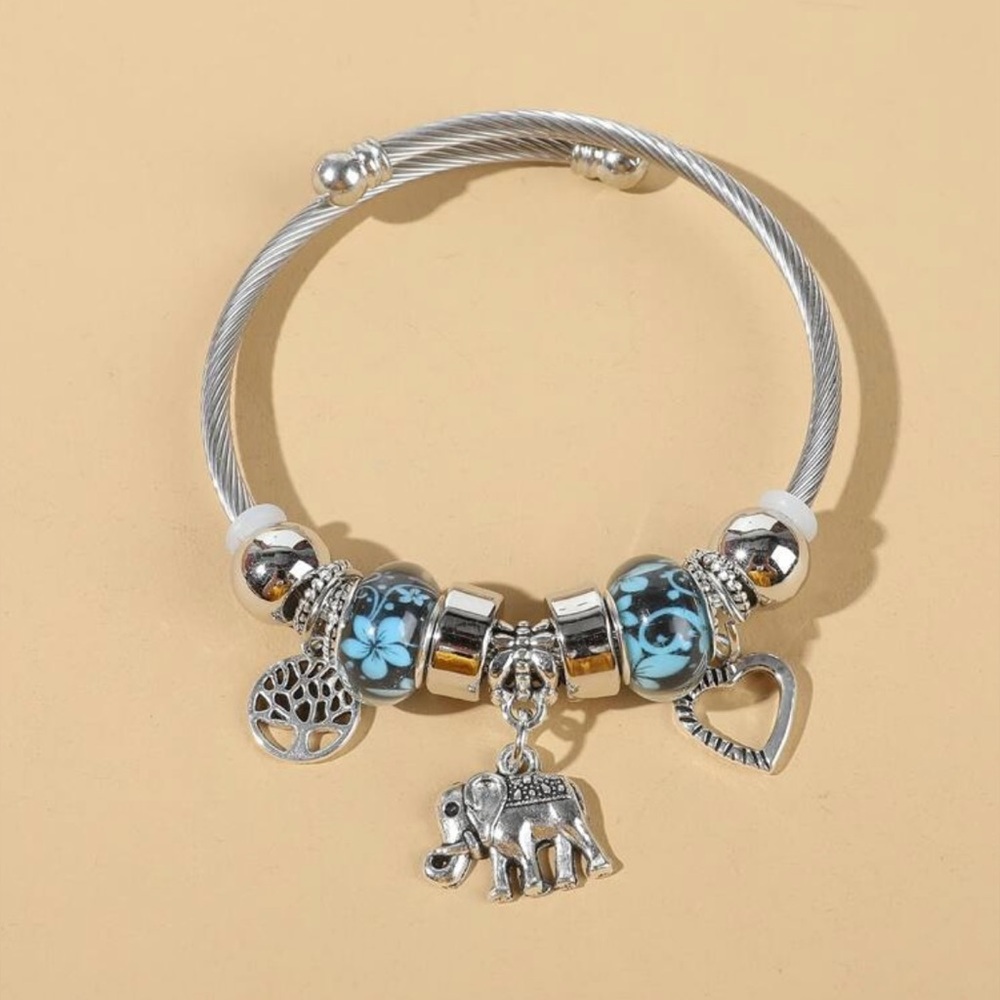Silver & Blue Charm Bracelet with Elephant,Tree of Life & Heart Accents